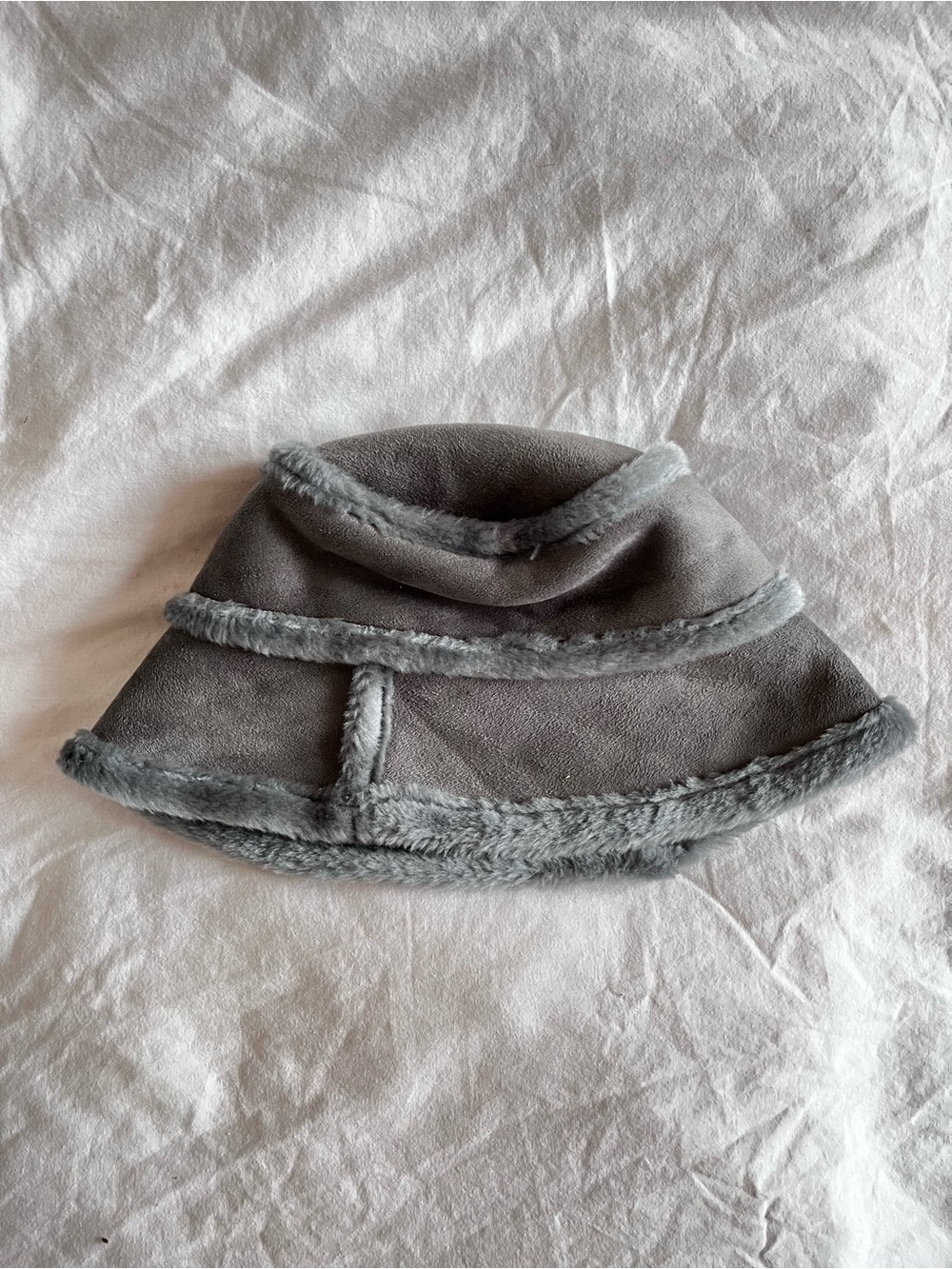 Blueish Silver Faux Fur and Suede Bucket Hat